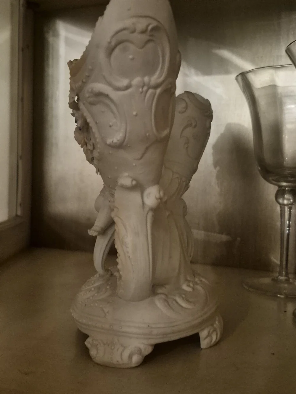 Antique German Bisque Porcelain Double Spill Vase Cherub Putti Flowers Mold 322